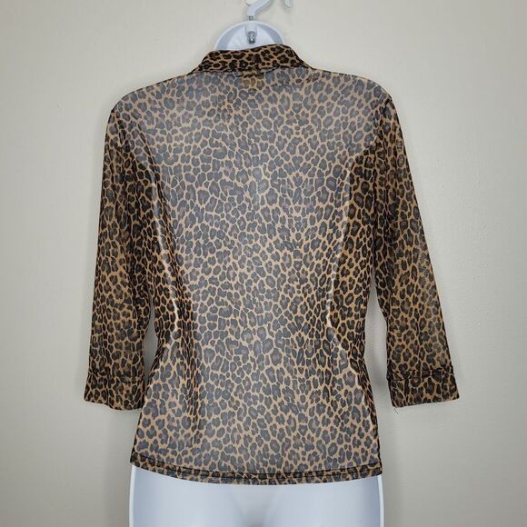 Vintage y2k Studio Y animal print cheetah button front semi sheer 3/4 sleeve top - Picture 2 of 6